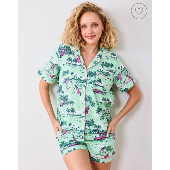 Printfresh Pajama Set Small| Organic Cotton Green Golf Toile Print PJ Shorts Set - Picture 1 of 7